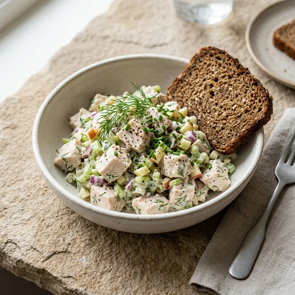 Retsepti Kanasalat rukkileivale foto värske salatina