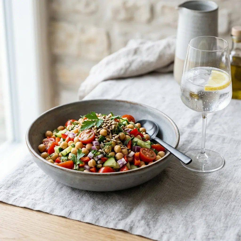 Retsepti Kikerhernesalat foto värske salatina