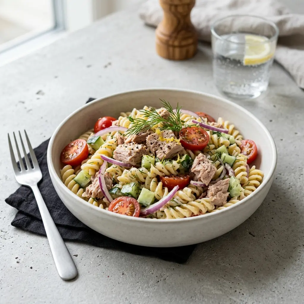 Retsepti Külm pastasalat tuunikalaga foto värske salatina
