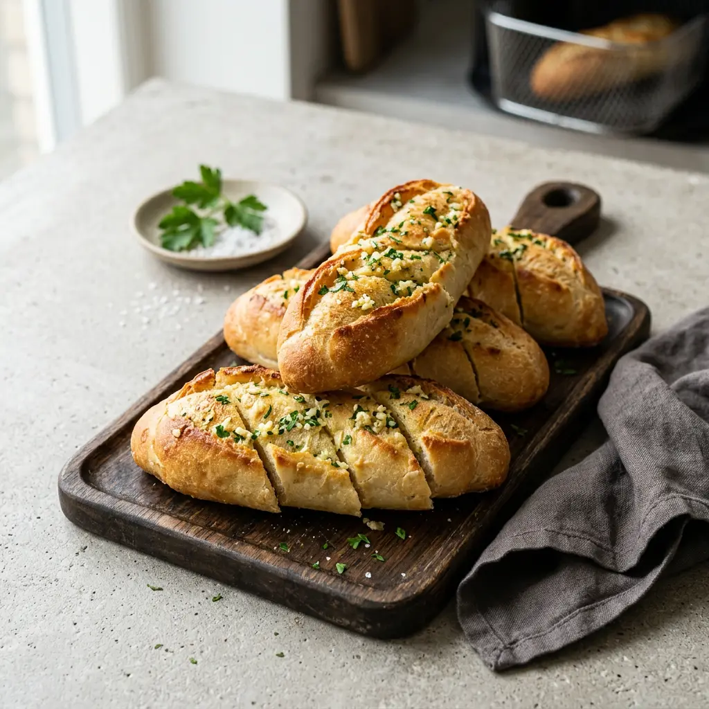 Retsepti Küüslaugubaguette'id kuumaõhufritüüris foto koduse leiva või tainana