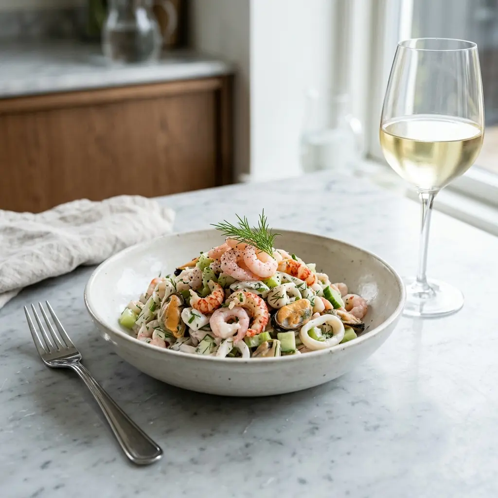 Retsepti Mereannisalat kastmega foto värske salatina