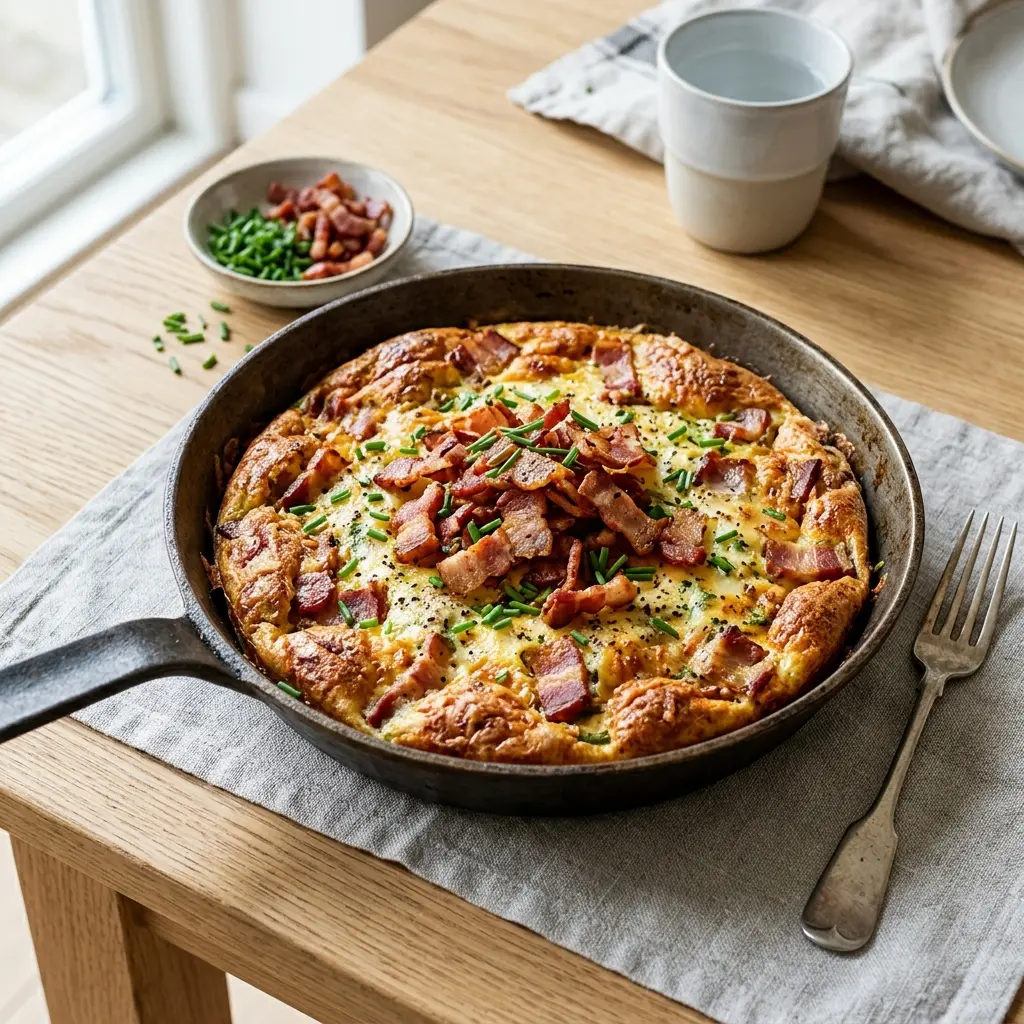 Retsepti Omlett peekoniga foto hommikusöögiks serveerituna