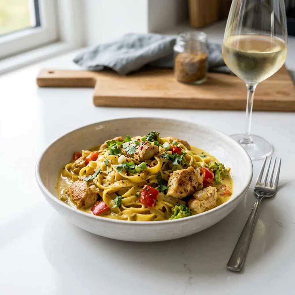 Retsepti Pasta kana ja karriga foto valmis koduse roana