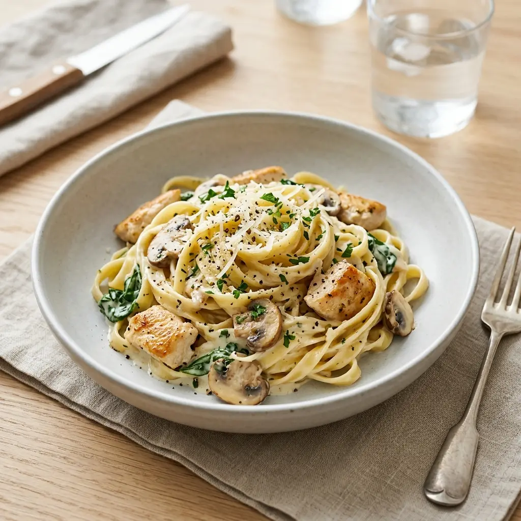 Retsepti Pasta kana ja koorekastmega foto valmis koduse roana
