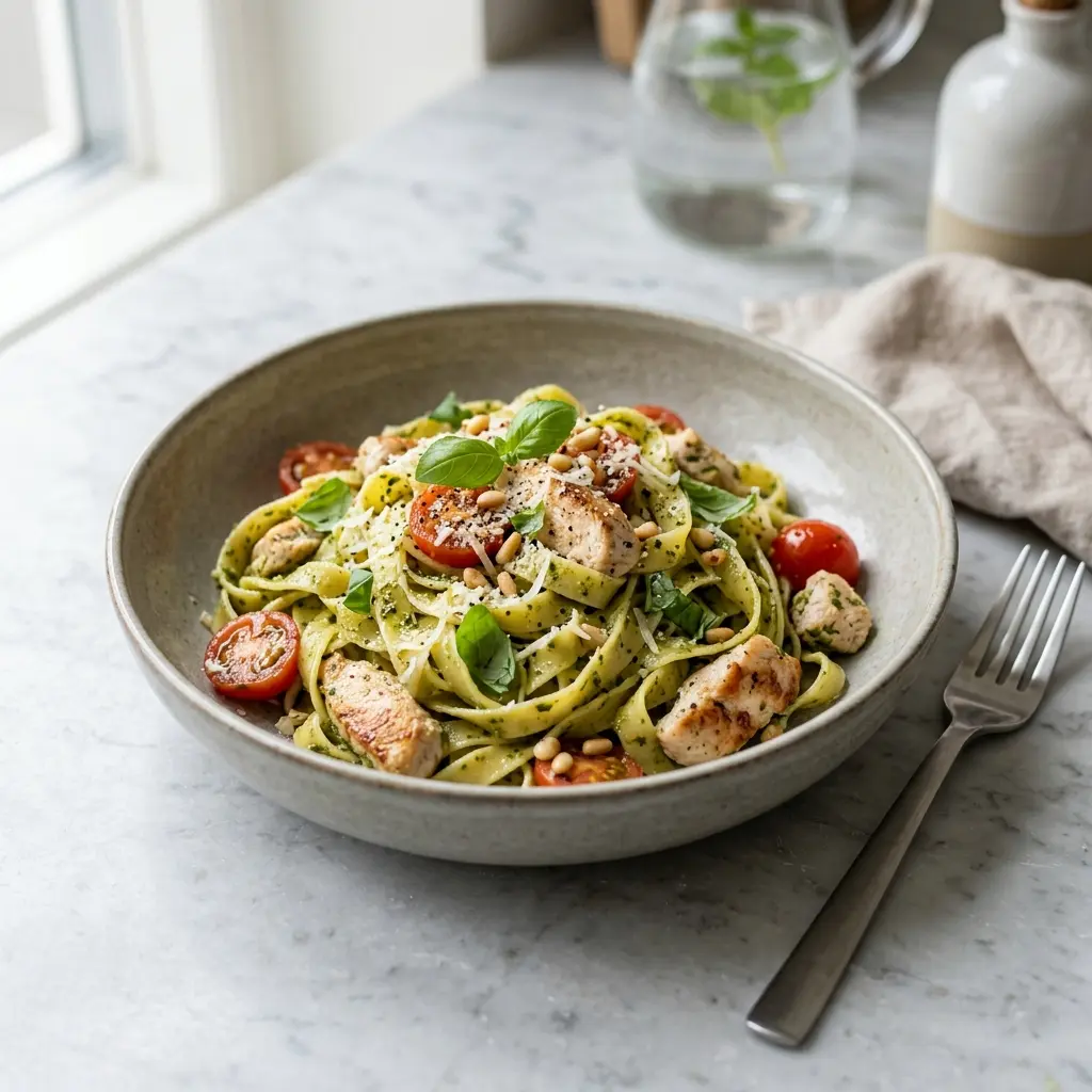 Retsepti Pasta kana ja pestoga foto kastme või lisandina