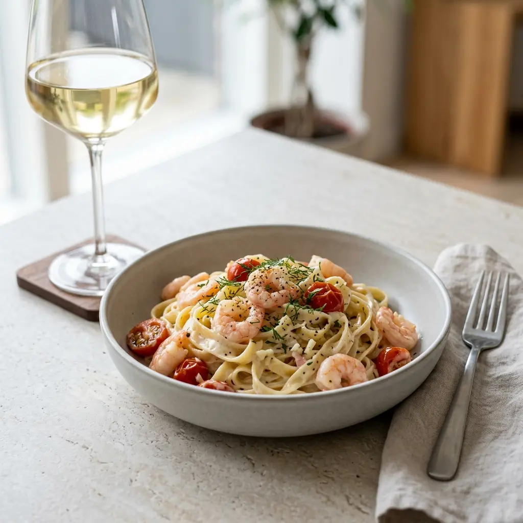 Retsepti Pasta krevettide ja koorekastmega foto valmis koduse roana