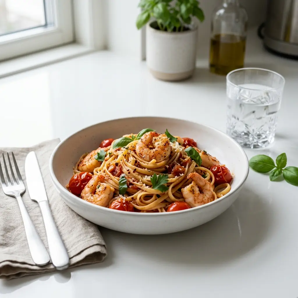 Retsepti Pasta krevettide ja tomatiga foto valmis koduse roana
