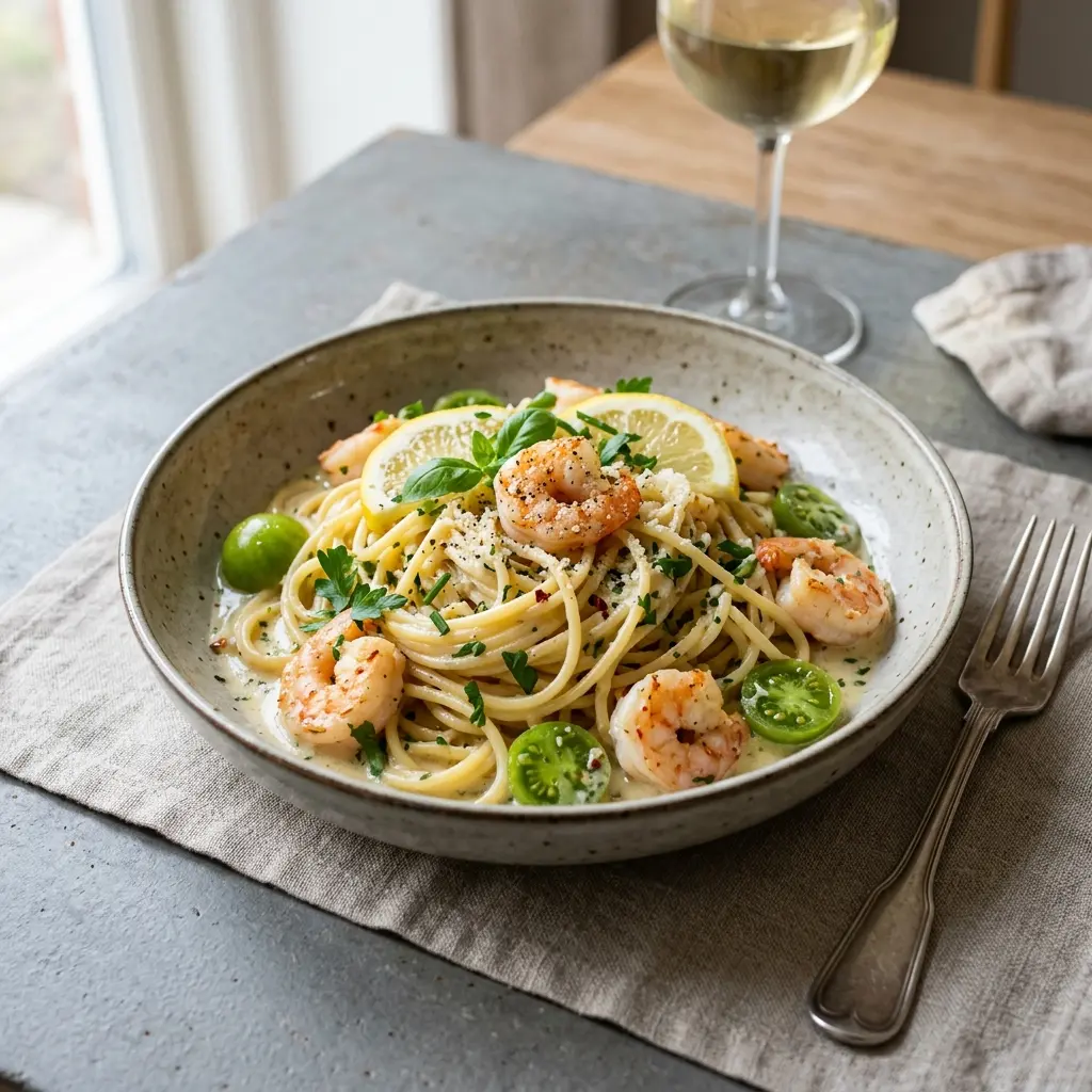 Retsepti Pasta krevettide ja valge veini kastmega foto valmis koduse roana