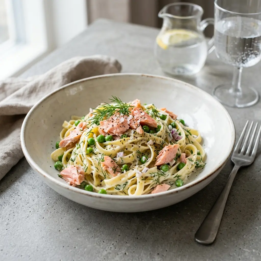 Retsepti Pasta kuumsuitsulõhega foto valmis koduse roana