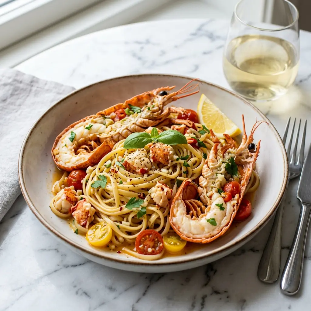 Retsepti Pasta langustiinidega foto valmis koduse roana