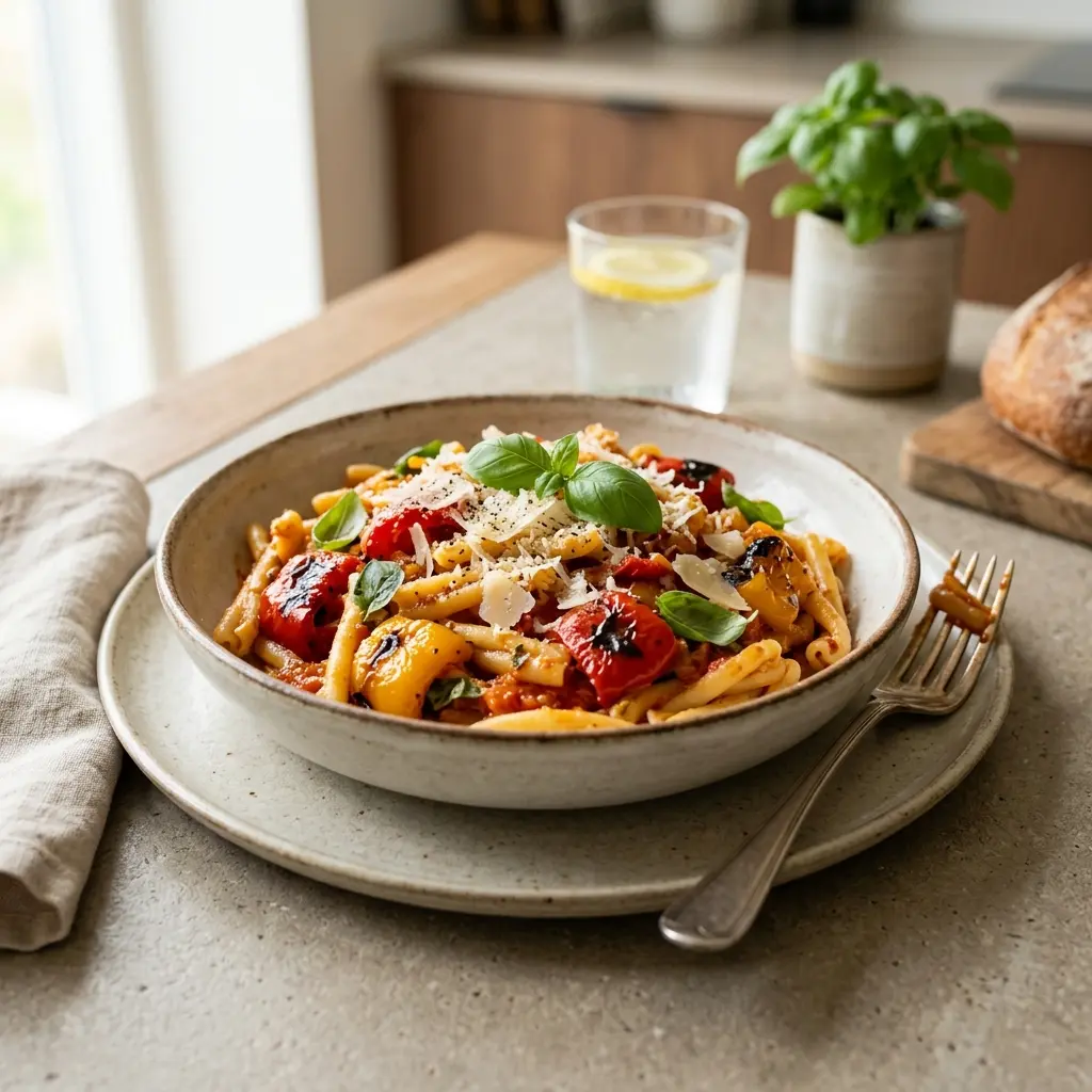 Retsepti Pasta röstitud paprikaga foto valmis koduse roana
