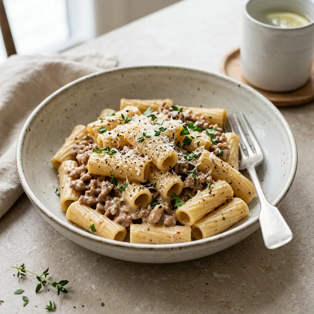 Retsepti Pasta seahakkliha ja koorega foto valmis koduse roana