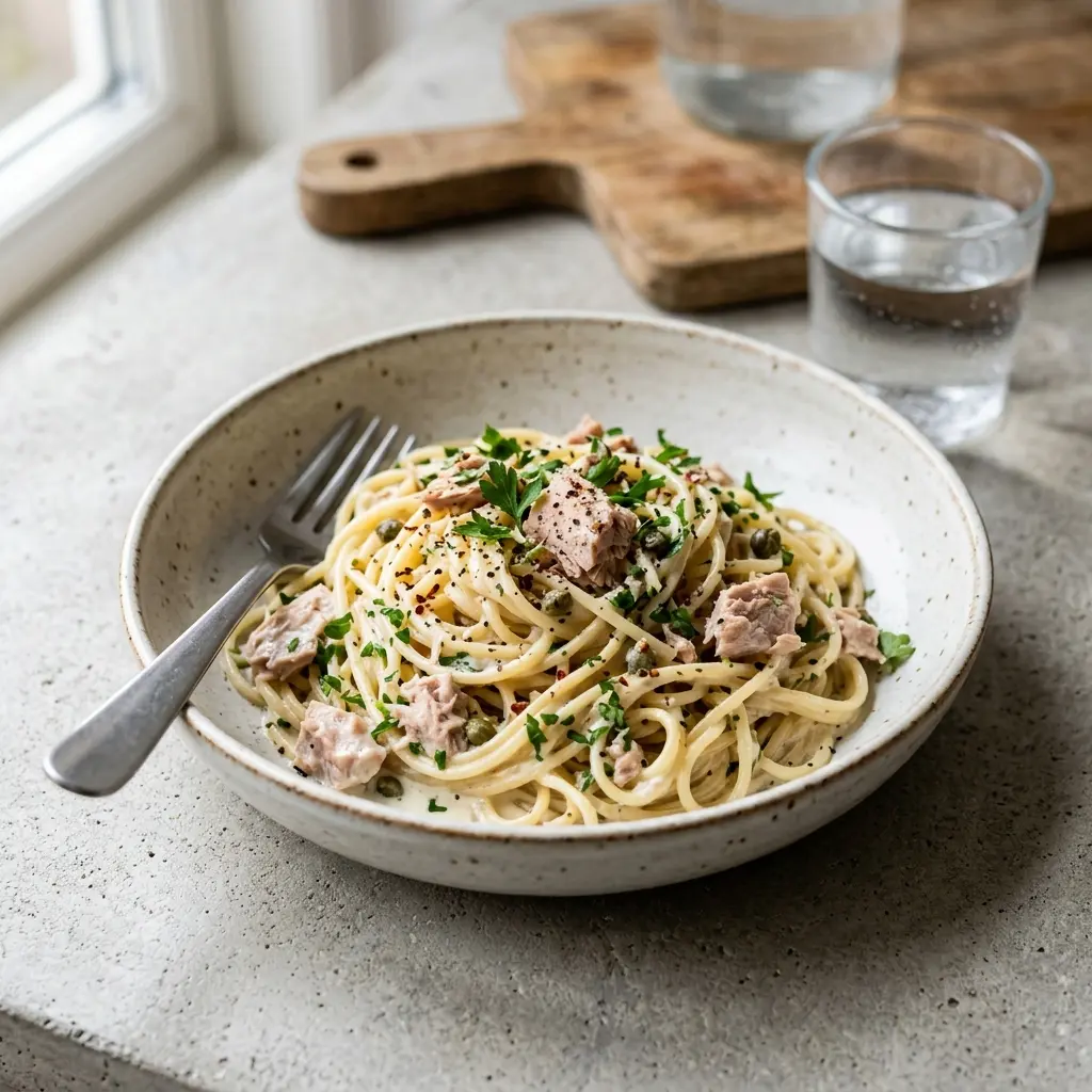 Retsepti Pasta tuunikala ja koorekastmega foto valmis koduse roana