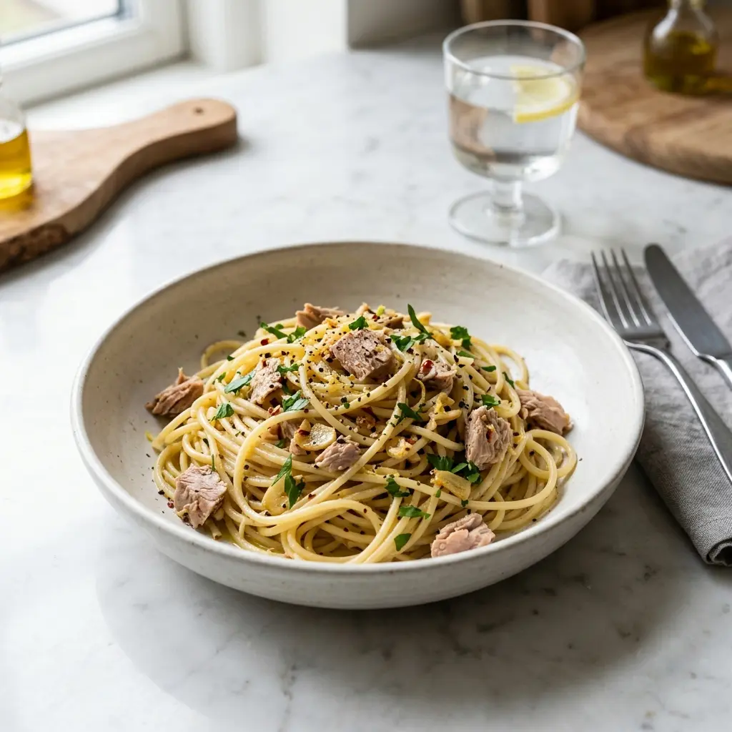 Retsepti Pasta tuunikala ja küüslauguga foto valmis koduse roana