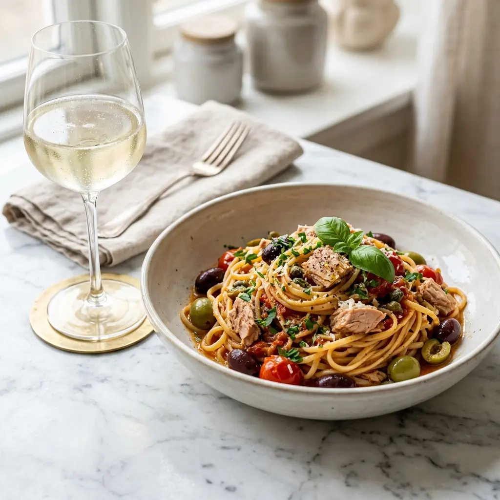 Retsepti Pasta tuunikala ja oliividega foto valmis koduse roana