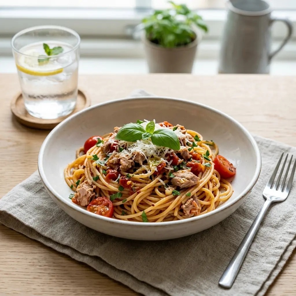 Retsepti Pasta tuunikala ja tomatiga foto valmis koduse roana