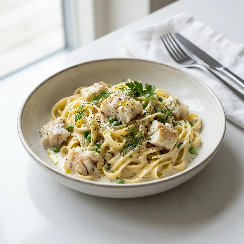 Retsepti Pasta valge kala ja koorega foto valmis koduse roana