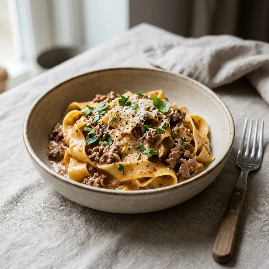 Retsepti Pasta veisehakkliha ja koorega foto valmis koduse roana