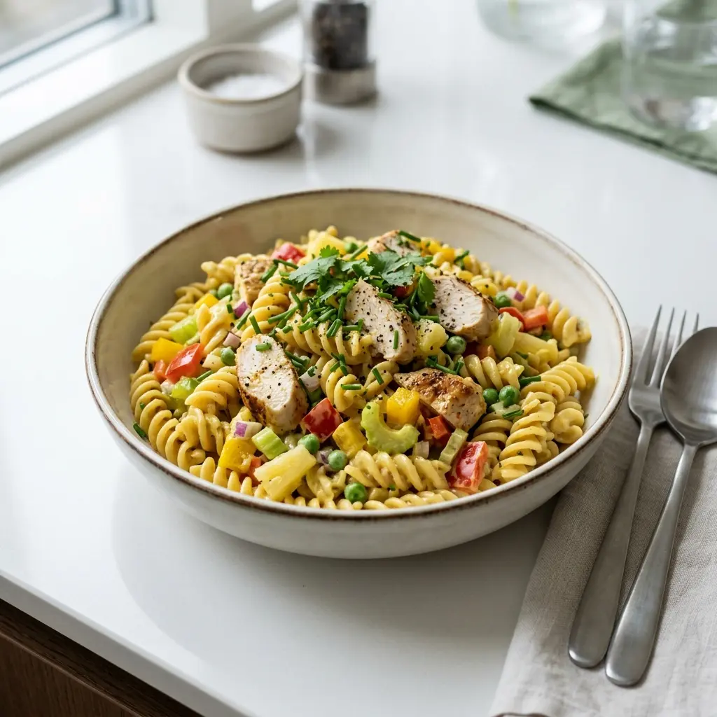 Retsepti Pastasalat kana ja karriga foto värske salatina
