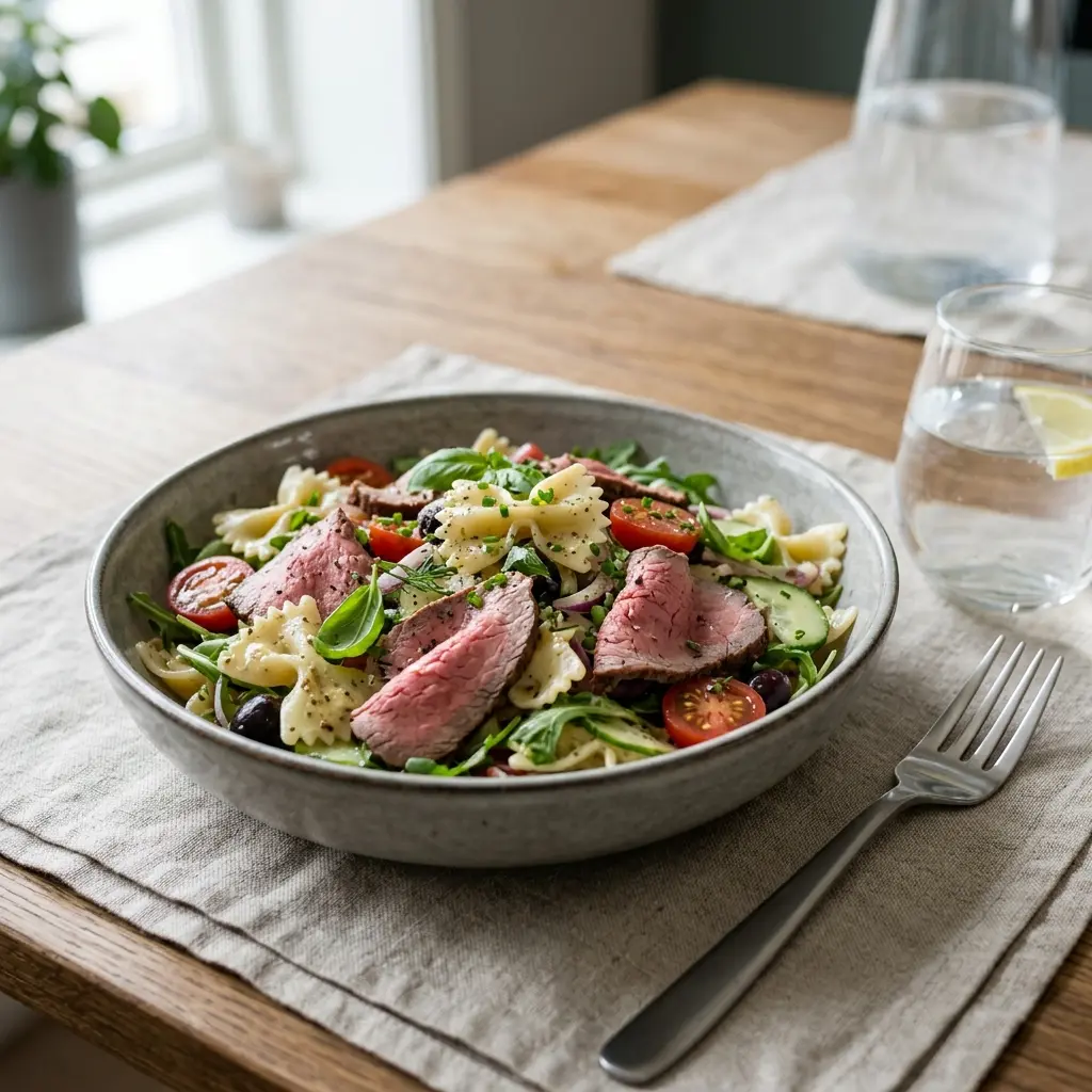 Retsepti Pastasalat rostbiifiga foto värske salatina