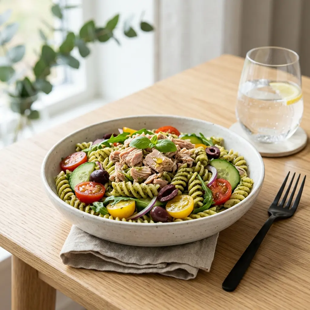 Retsepti Pastasalat tuunikala ja pestoga foto kastme või lisandina