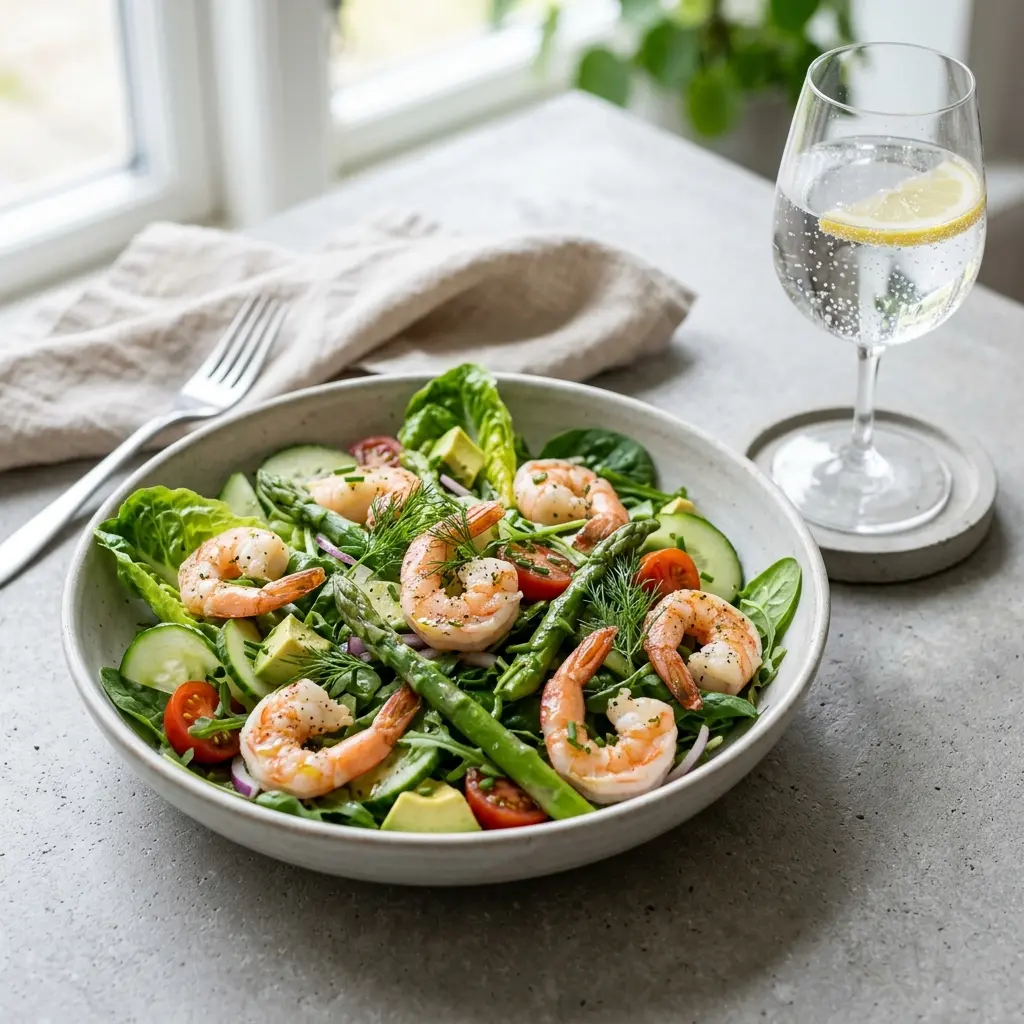 Retsepti Roheline salat krevettidega foto värske salatina