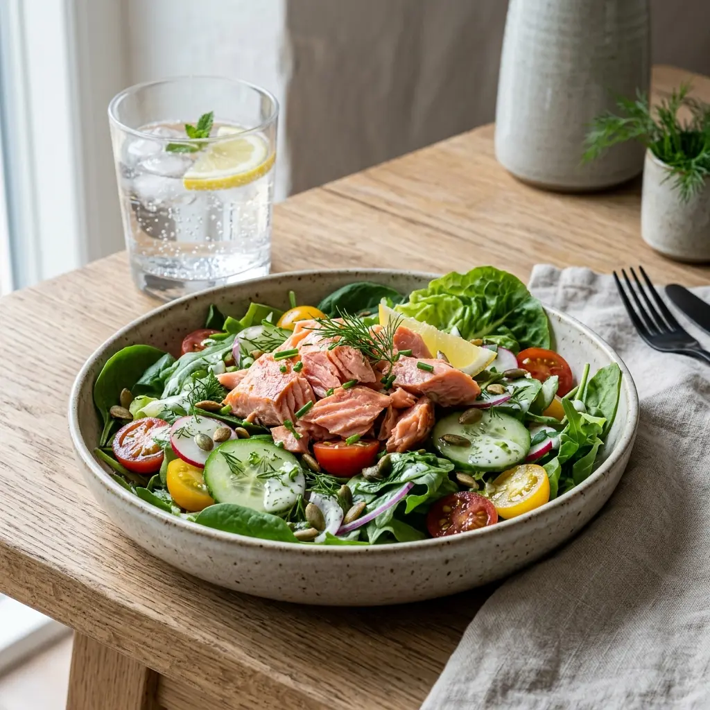 Retsepti Roheline salat kuumsuitsulõhega foto värske salatina