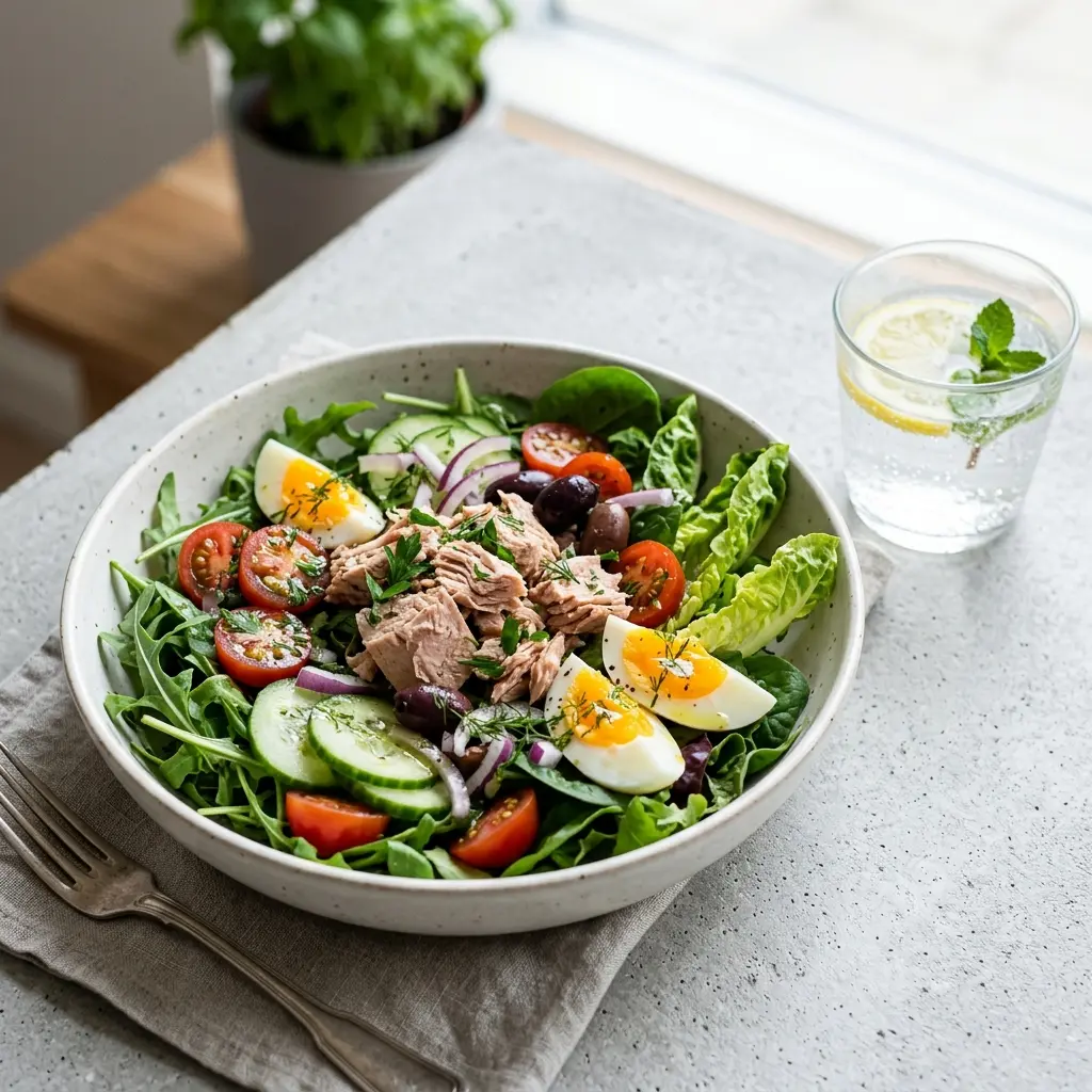 Retsepti Roheline salat tuunikalaga foto värske salatina