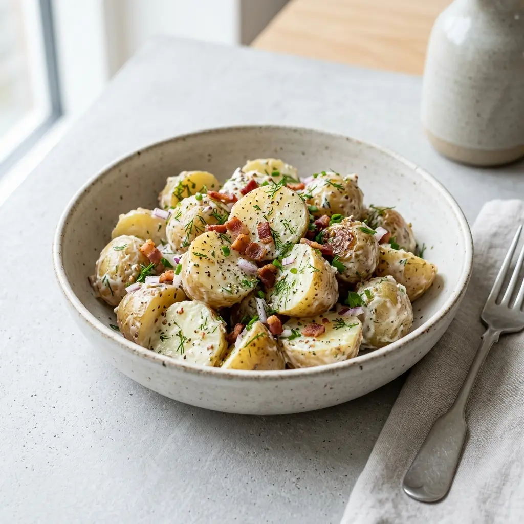 Retsepti Soe kartulisalat foto värske salatina