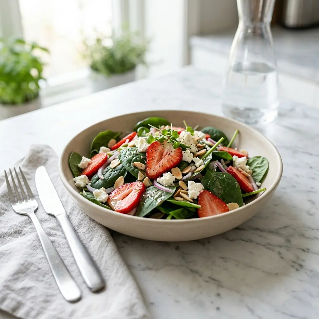 Retsepti Spinatisalat maasikatega foto värske salatina
