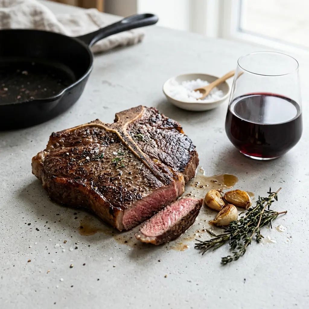 Retsepti T-bone-steik pannil foto valmis koduse roana