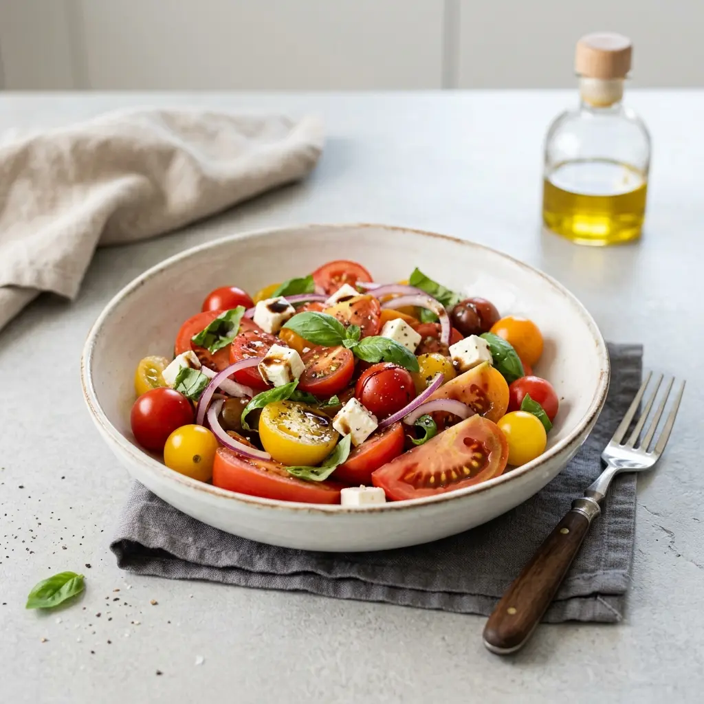Retsepti Tomatisalat foto värske salatina