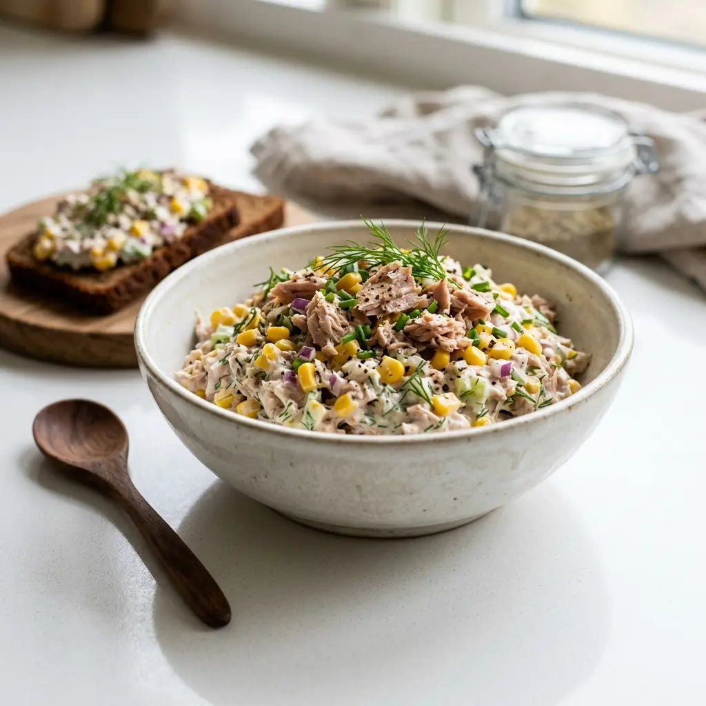 Retsepti Tuunikalasalat maisiga foto värske salatina