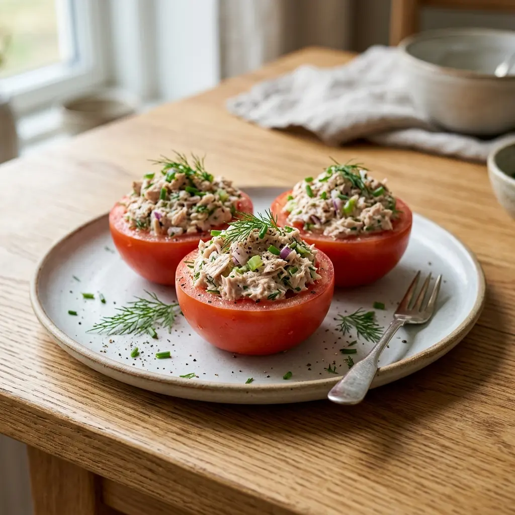 Retsepti Tuunikalasalatiga täidetud tomatid foto värske salatina